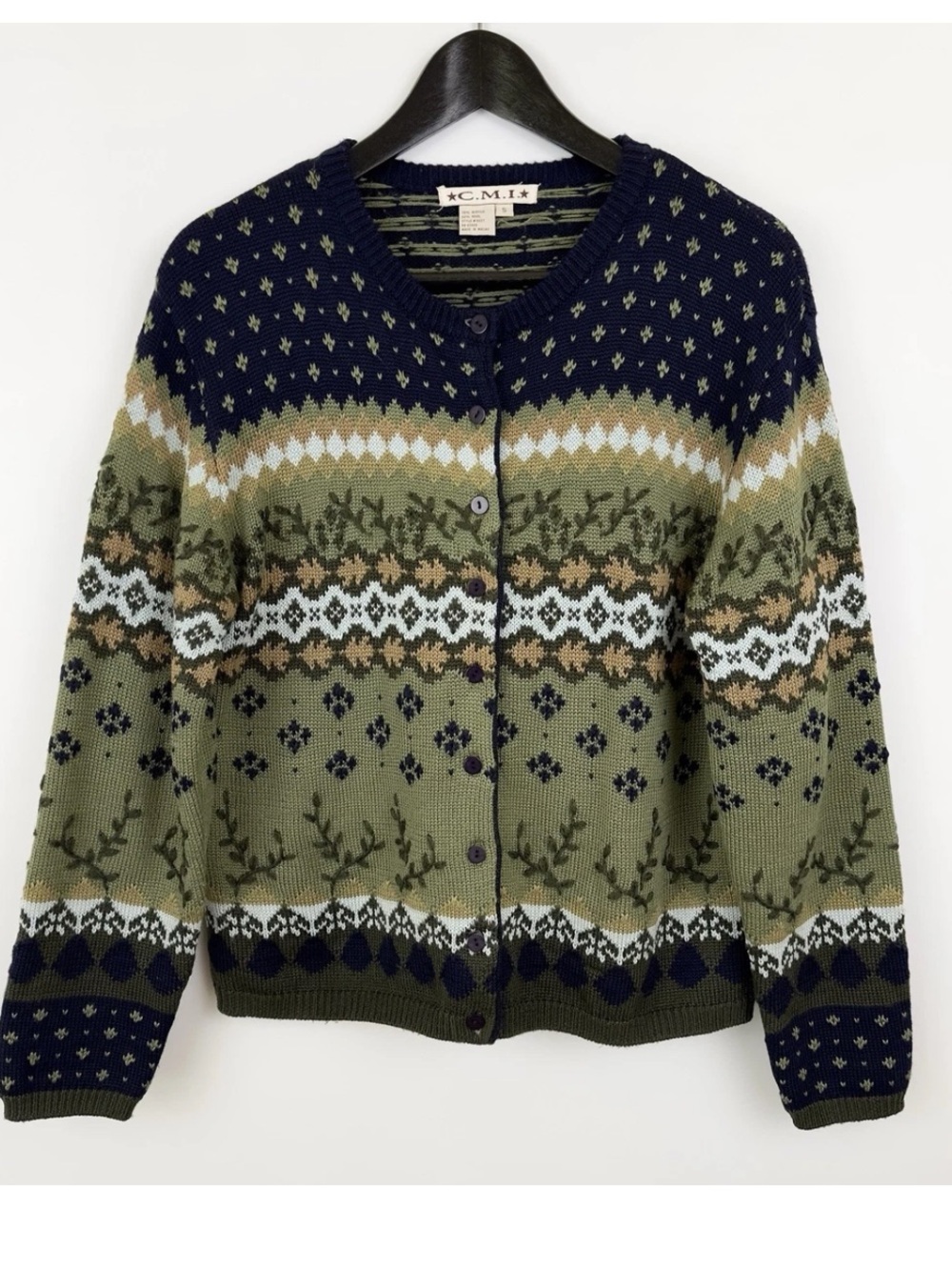 Vintage CMI Fair Isle Wool Blend Embroidered Cardigan Sweater S
